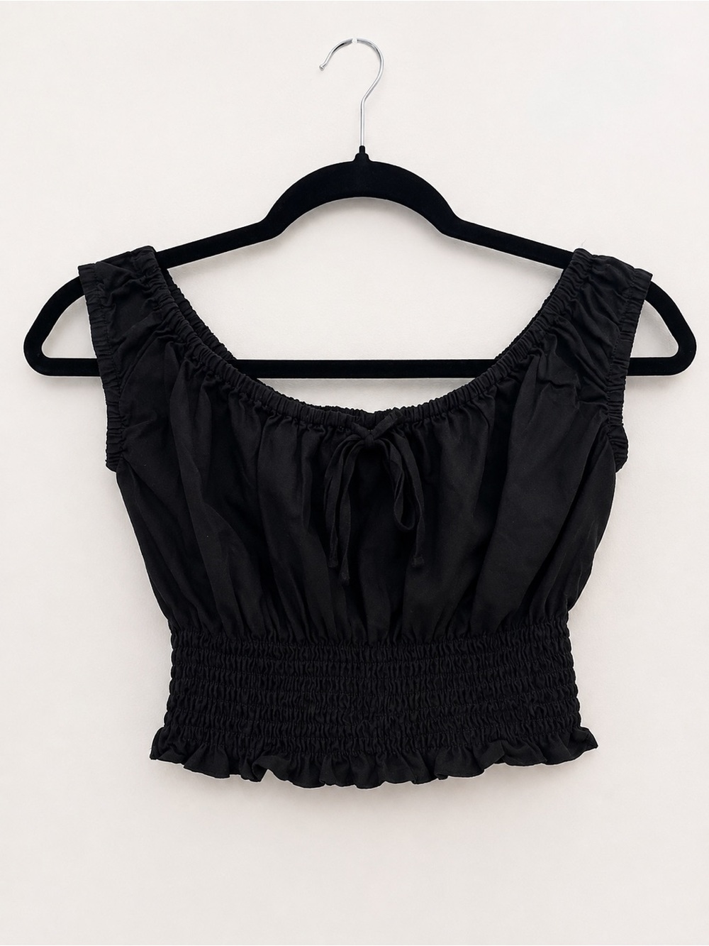 Brandy Melville Black Smocked Off-Shoulder Crop Top
